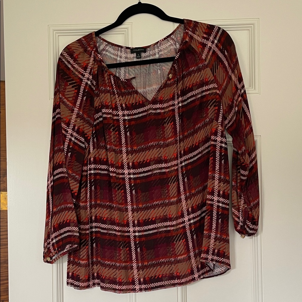 Talbots Burgundy Plaid V-Neck Long-Sleeve Blouse